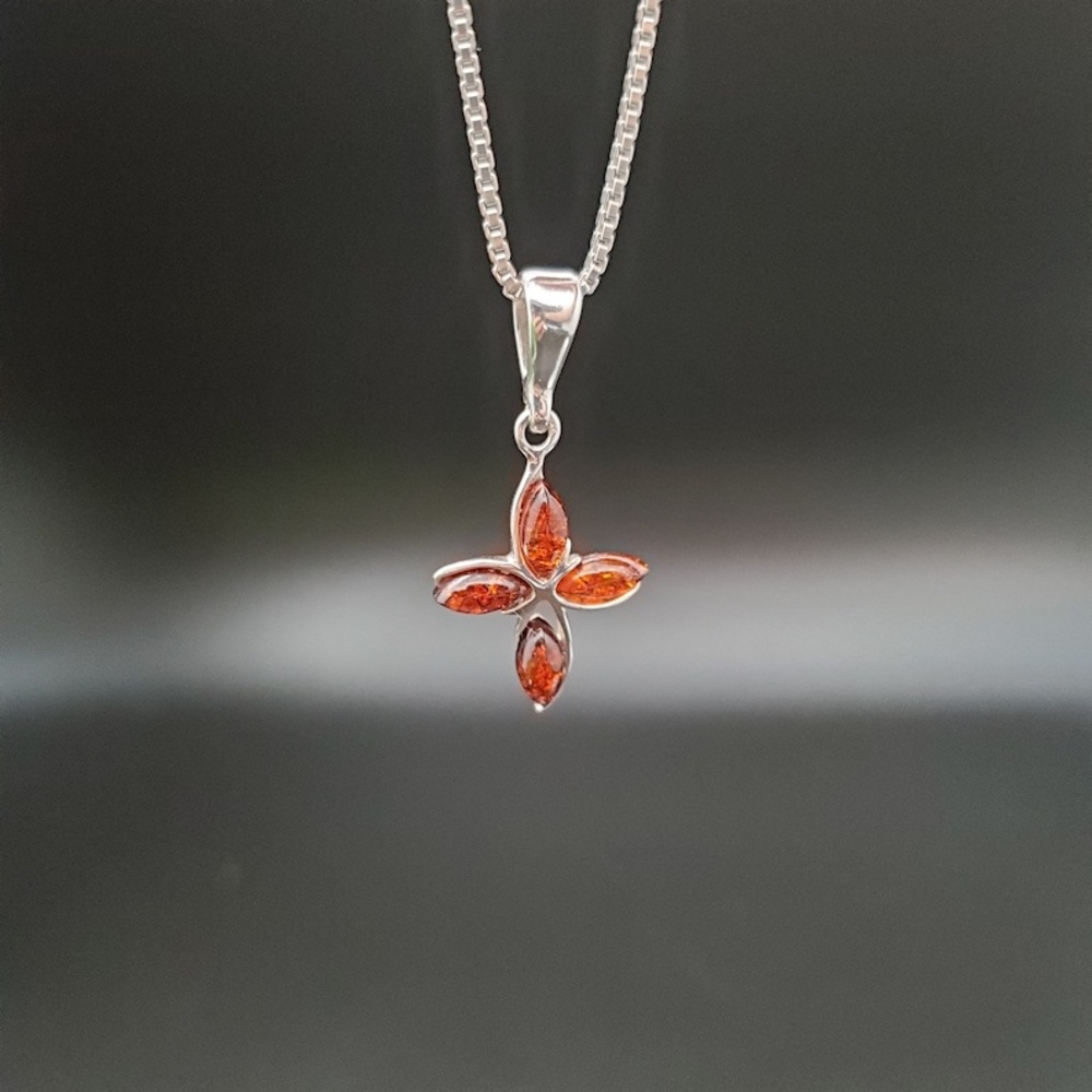 Baltic Cognac Amber Cross Necklace in 925 Sterling Silver - Picture 2 of 3